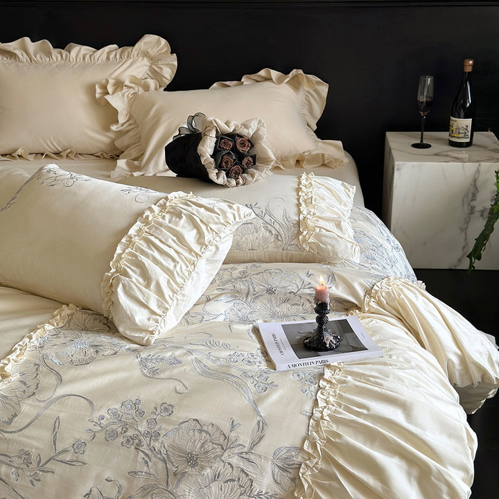 Floral Embroidery Ruffled Lace Cotton Bedding Set