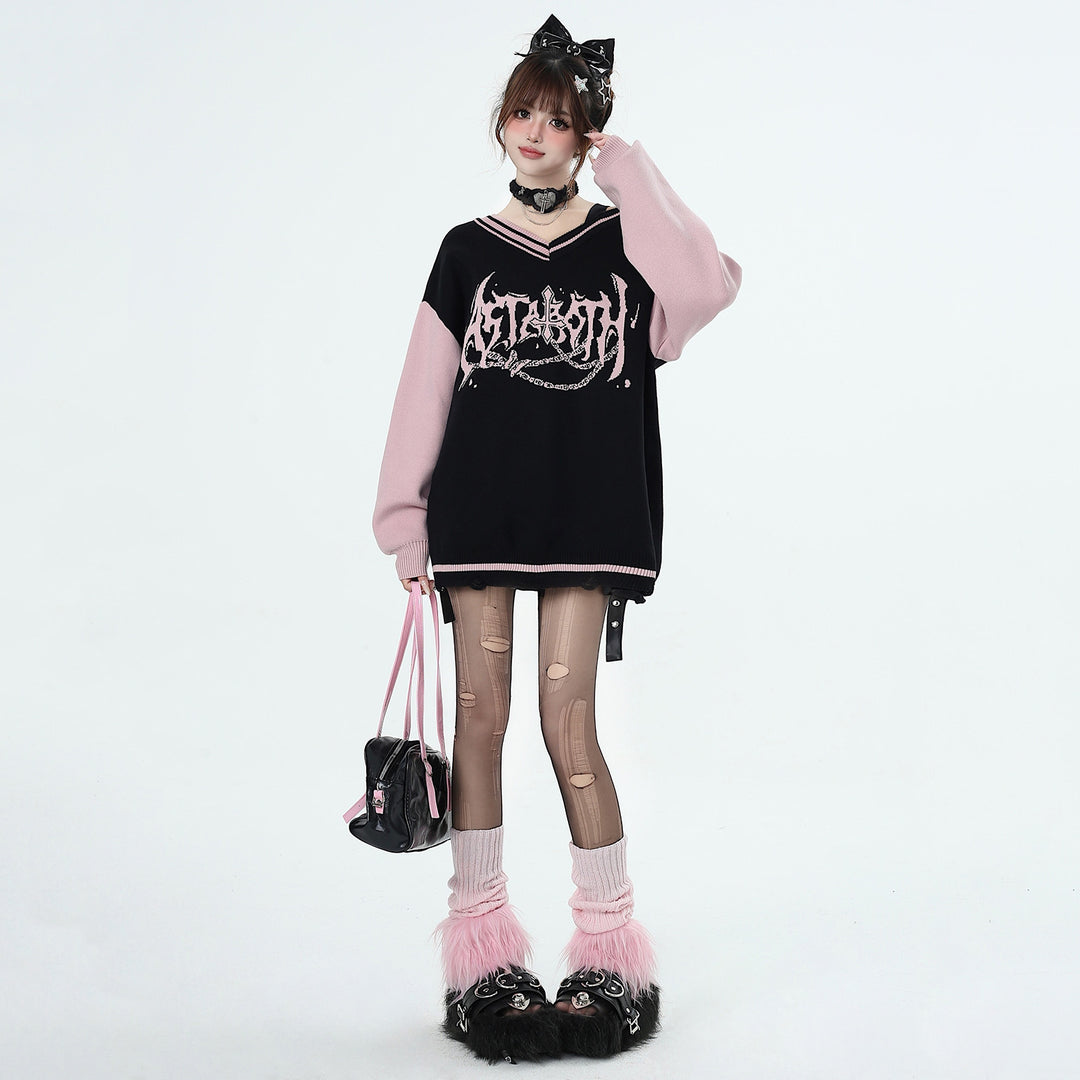 Y2K black and pink V-neck sweater for autumn winter Spring
