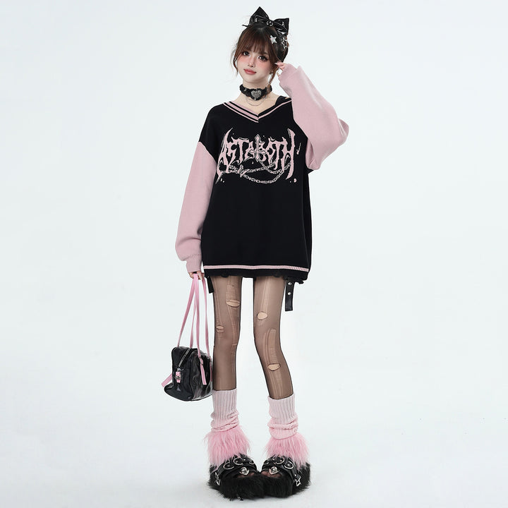 Y2K black and pink V-neck sweater for autumn winter Spring