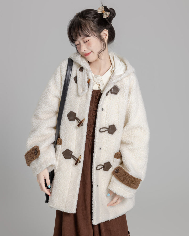 Cozy Brown/Cream White Toggle Shearling Coat