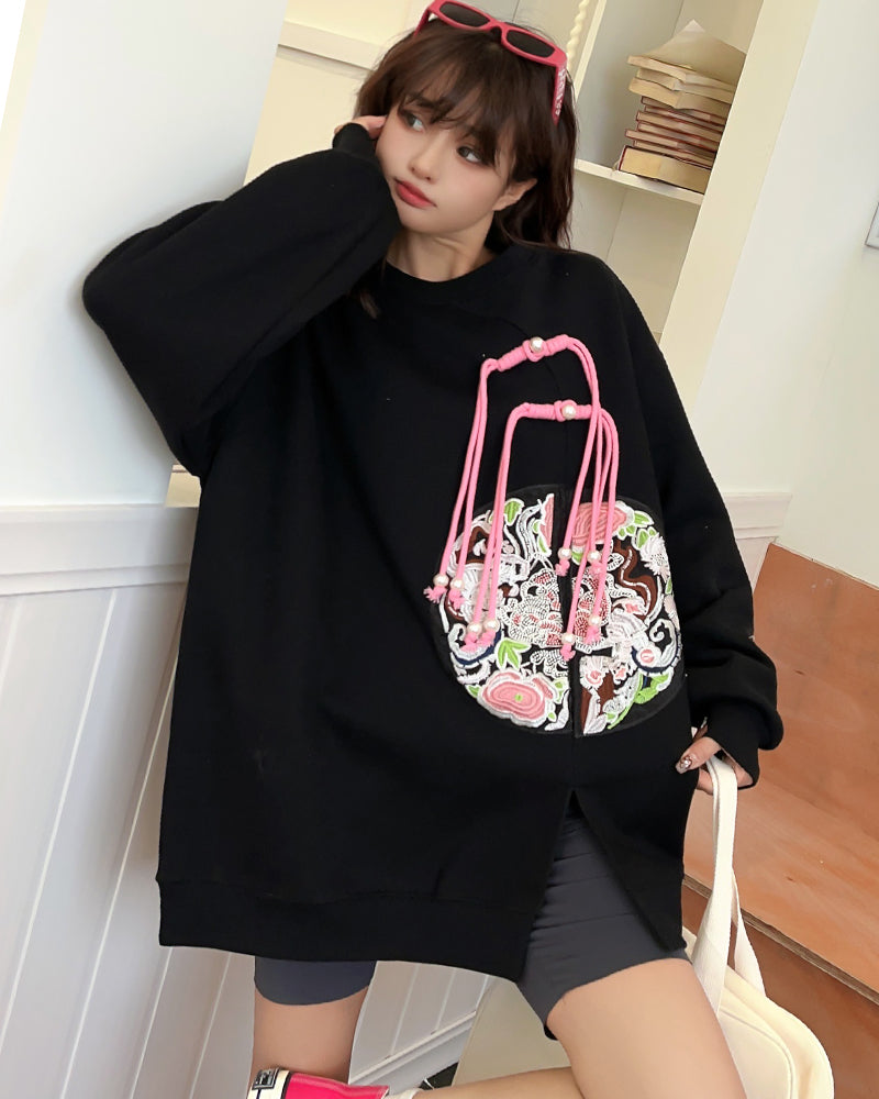Chinese Style Embroidered Medium-length Loose Plus Size Casual Sweatshirt