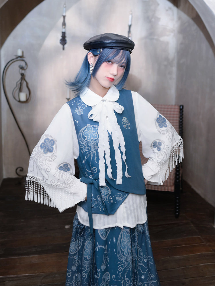 ‘Blue Tears’ printed white shirt with Peter Pan collar and layered sleeves