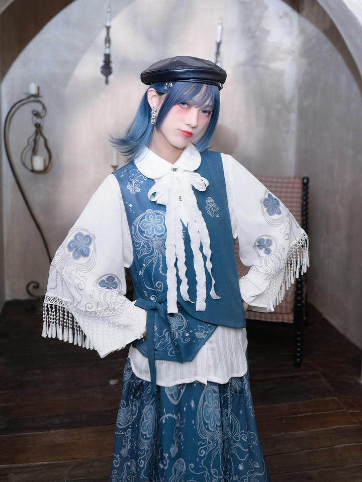 ‘Blue Tears’ printed white shirt with Peter Pan collar and layered sleeves