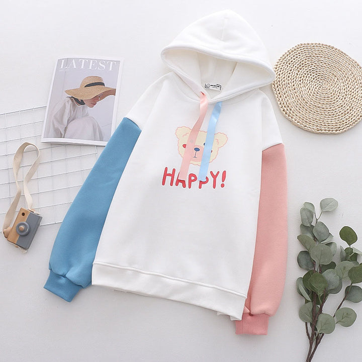Happy Letter Bear Print Plush Hoodie