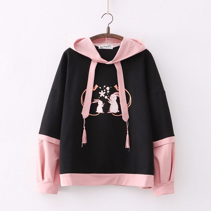Bunny Sakura Print Loose Hoodie
