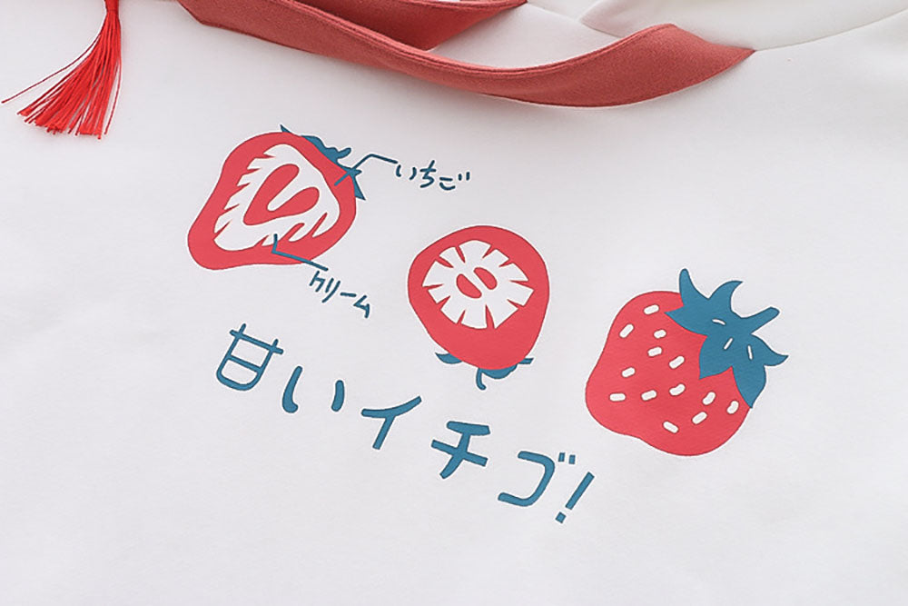 Strawberry Japanese Letter Print Plush Hoodie