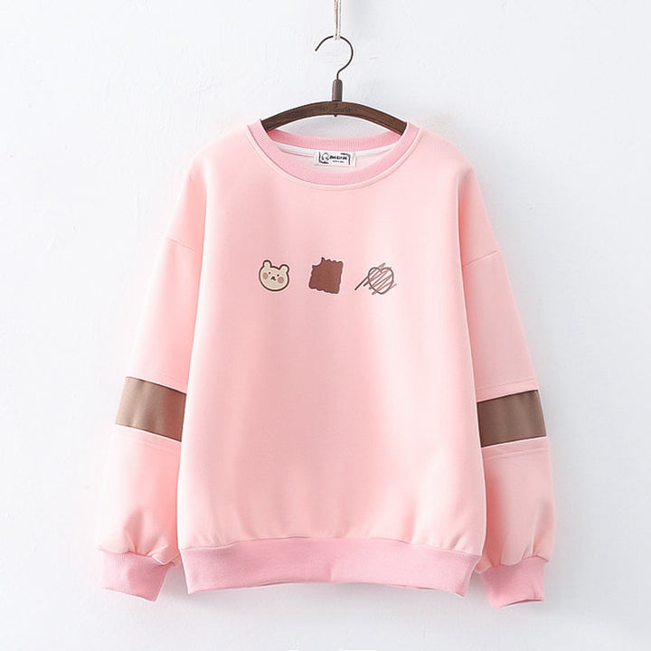Korean Bear Print Round Collar Hoodie