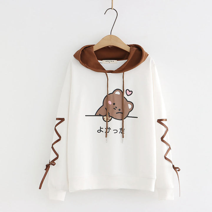 Japanese Letter Bear  Print Ribbon Sleeves Hoodie
