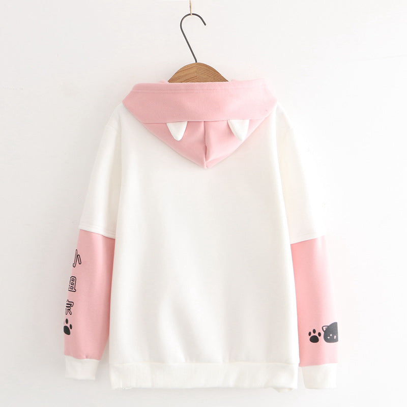 Cartoon Kitty Chinese Print Plush Hoodie with Pocket