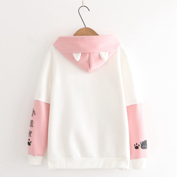 Cartoon Kitty Chinese Print Plush Hoodie with Pocket