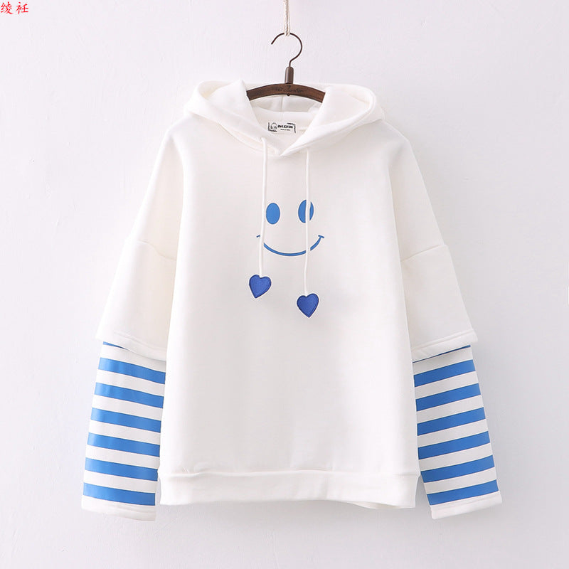 Cute Smiling Face Print Plush Hoodie