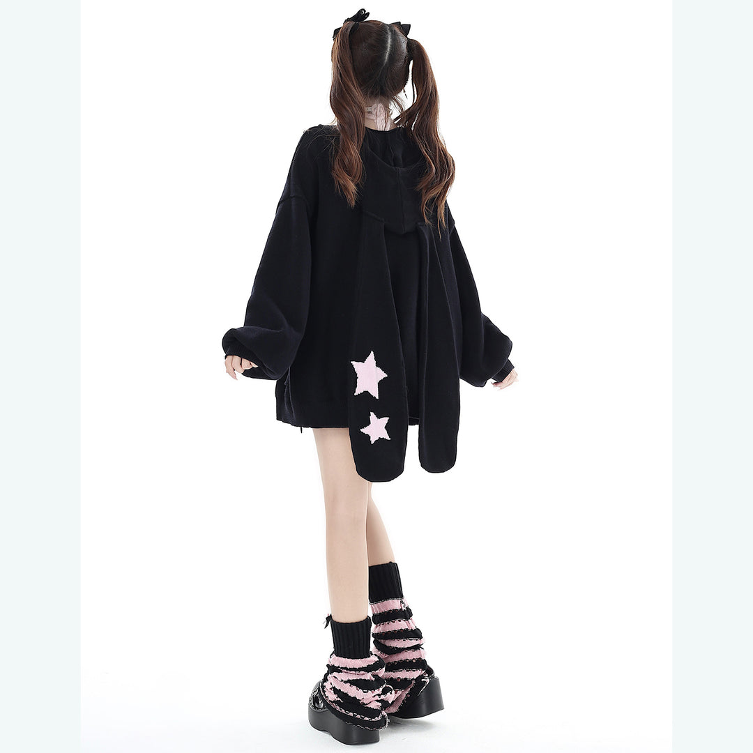 Cute Bunny Ear Zippered Hooded Knit Cardigan Sweater