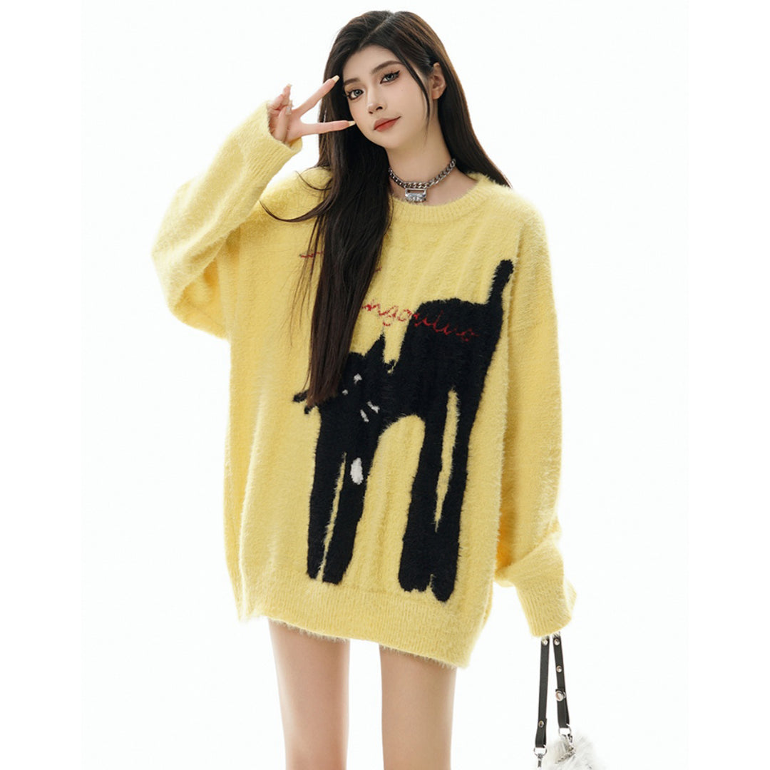 Cat Print Round Neck Yellow Autumn/Winter Sweater