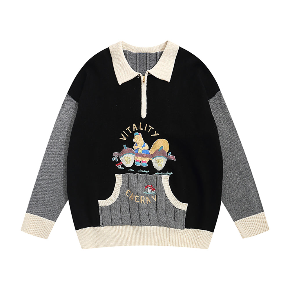 Cartoon Embroidered Pocket Polo-neck Sweater