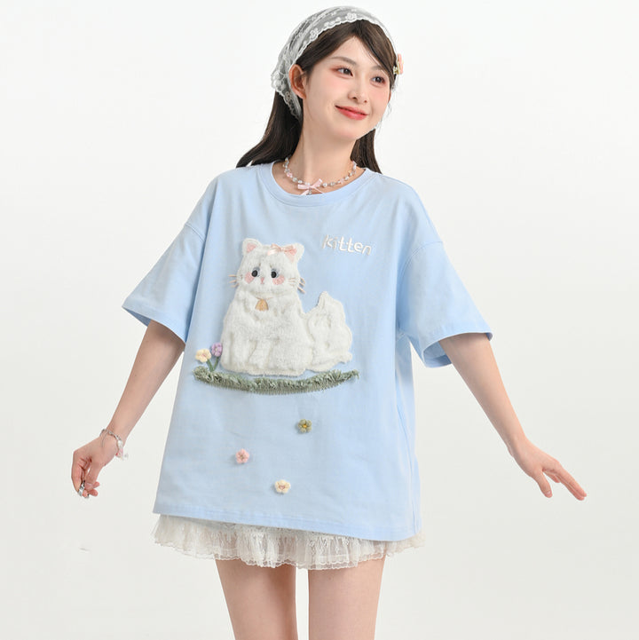 Blue Kitten Patch Embroidery Short Sleeve T-Shirt