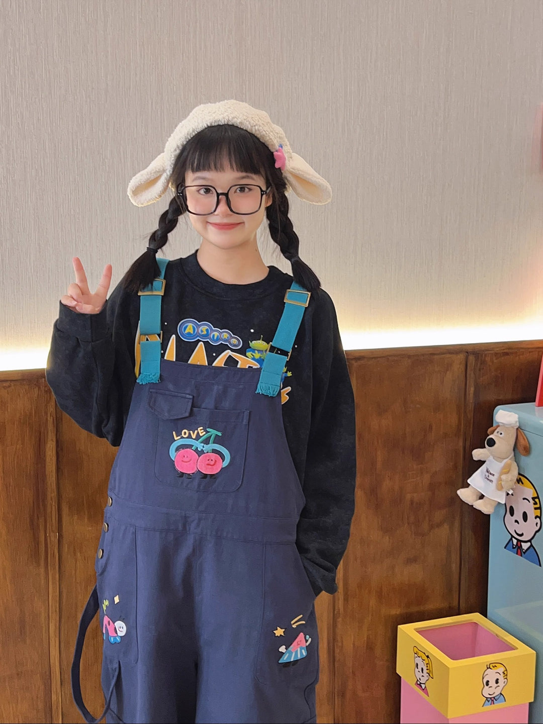 Cute American-style Cartoon Embroidery Loose Overalls