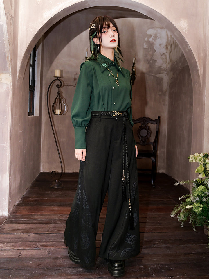 Dark green Chinese-inspired embroidered shirt with asymmetrical pointed collar