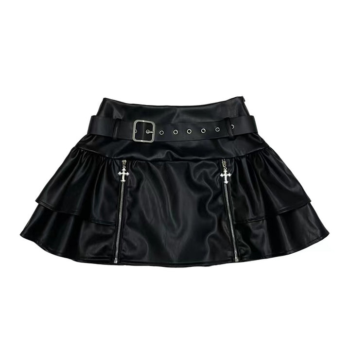 Punk black zipper leather skirt