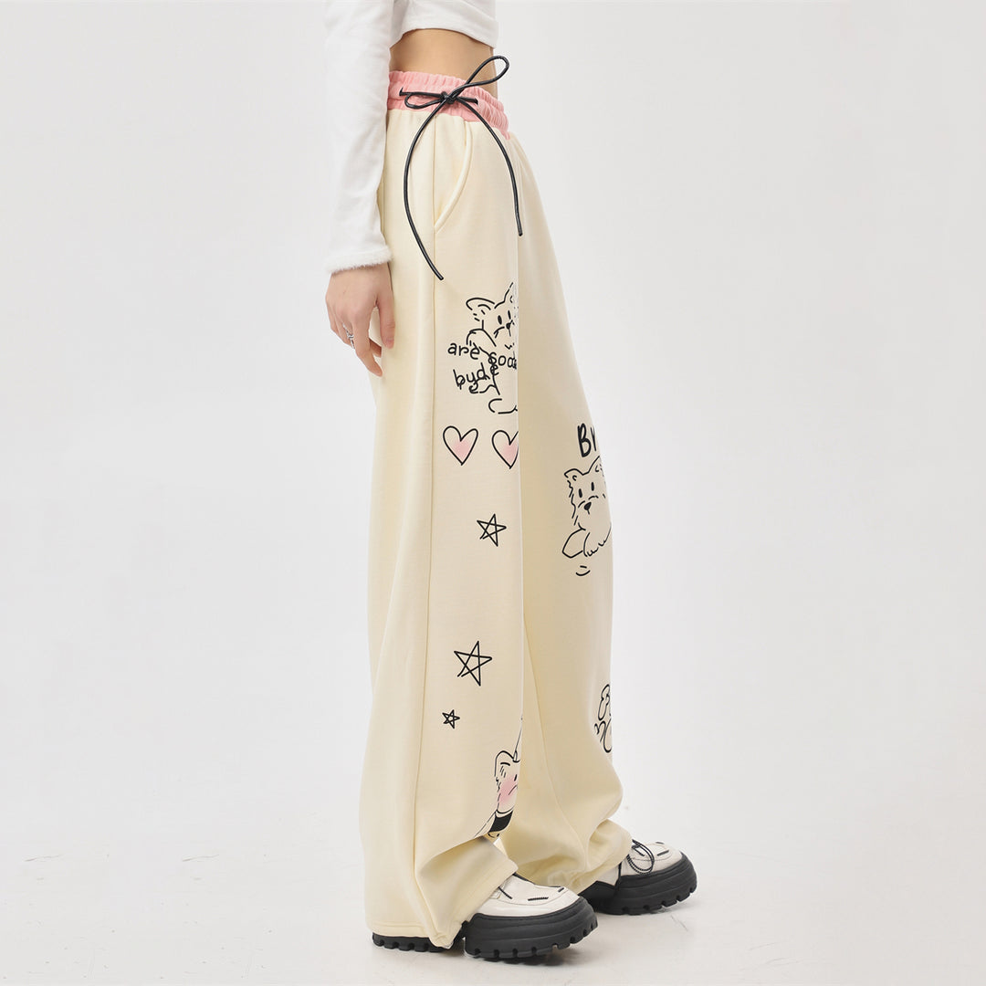 Bow Heart Star Print Straight Leg Casual Pants