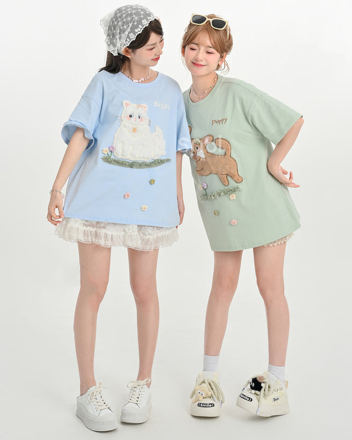 Blue Kitten Patch Embroidery Short Sleeve T-Shirt