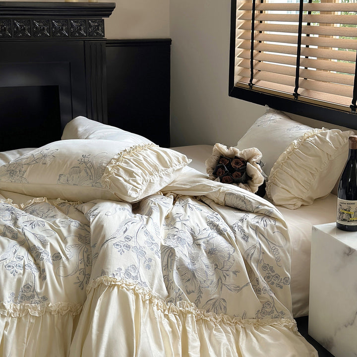 Floral Embroidery Ruffled Lace Cotton Bedding Set