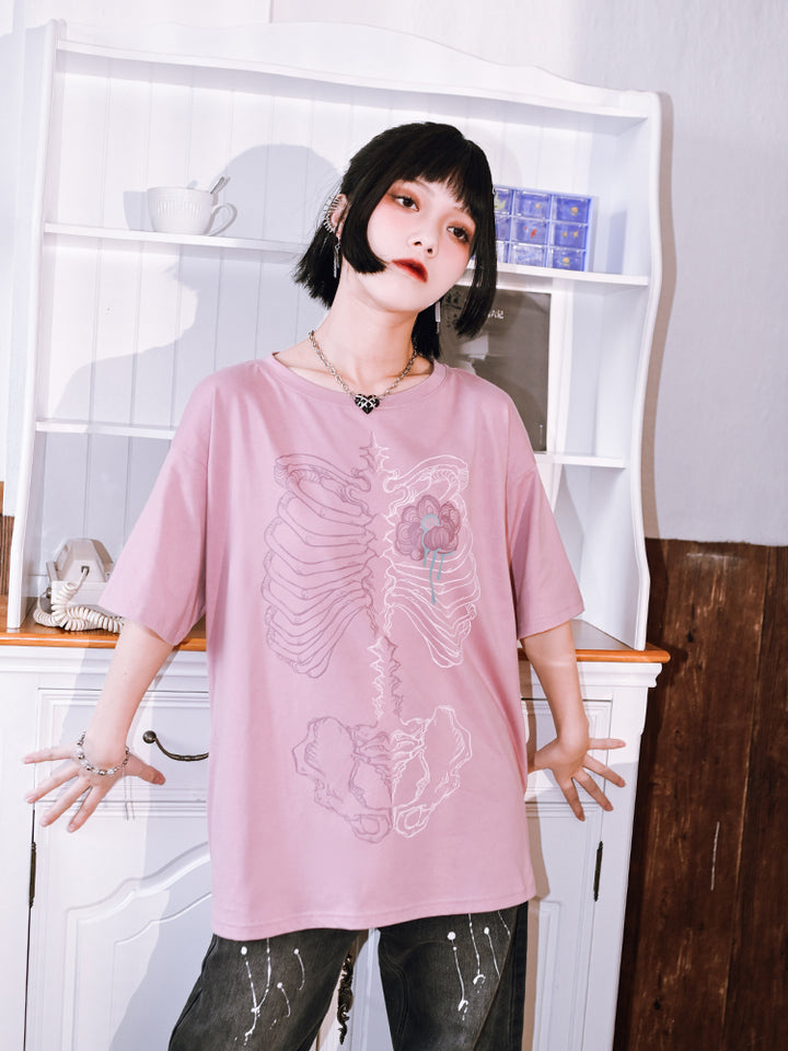 floral bone print Dark aesthetic short-sleeve top