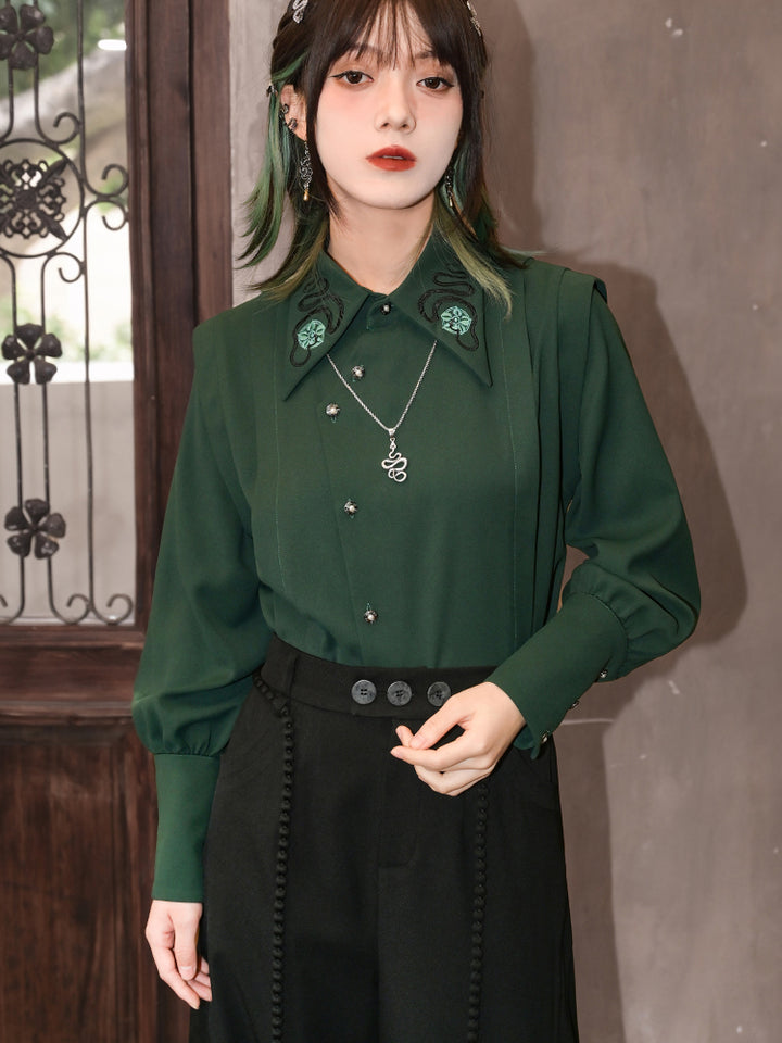 Dark green Chinese-inspired embroidered shirt with asymmetrical pointed collar