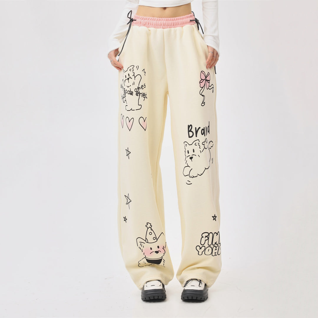 Bow Heart Star Print Straight Leg Casual Pants