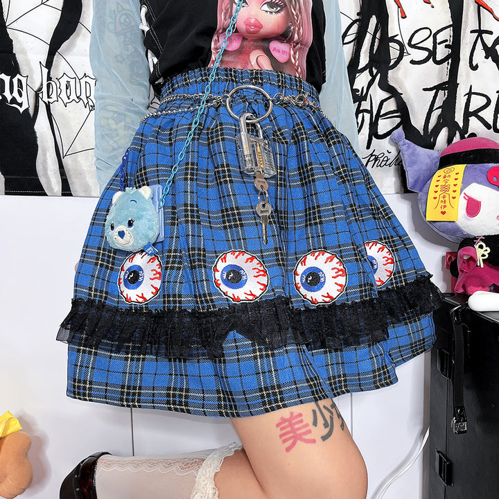 Japanese Harajuku Y2K eyeball embroidered plaid punk mini skirt