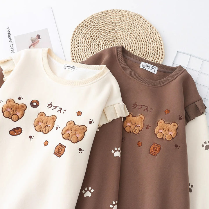 Cartoon Bear Round Neck Thick Hoodie