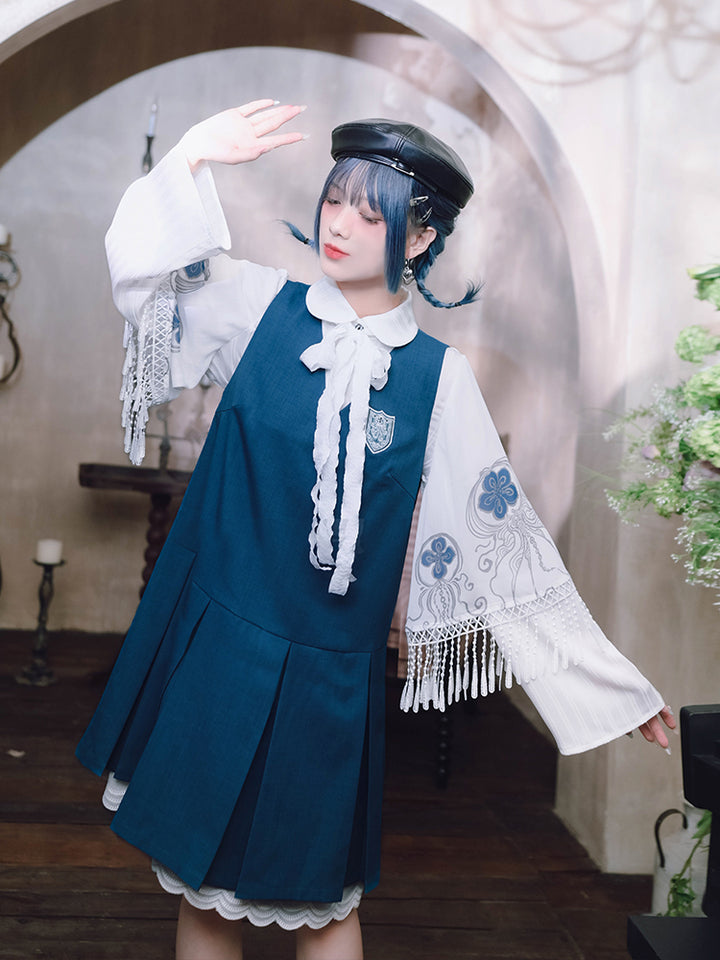 ‘Blue Tears’ printed white shirt with Peter Pan collar and layered sleeves