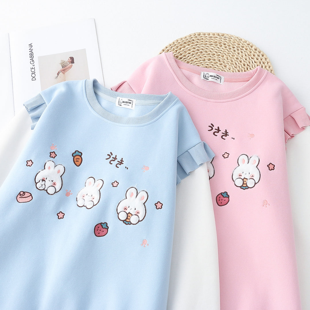 Cartoon Rabbit Round Neck Thick Hoodie