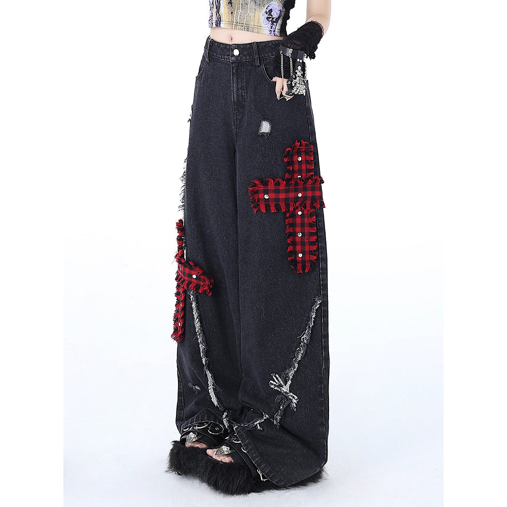 Punk Cross Embroidery Ripped Straight Wide-leg Jeans