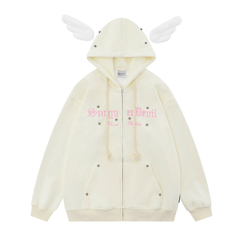 Japanese sweet style angel wing embellished hooded sweatshirt