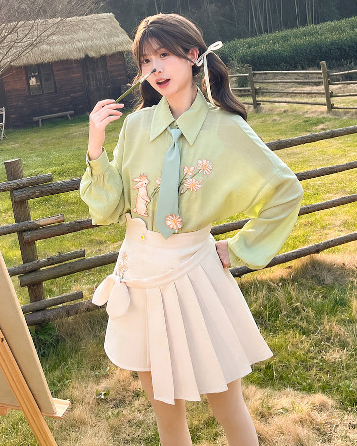 Spring Rabbit and Daisy Embroidery Green Necktie Shirt