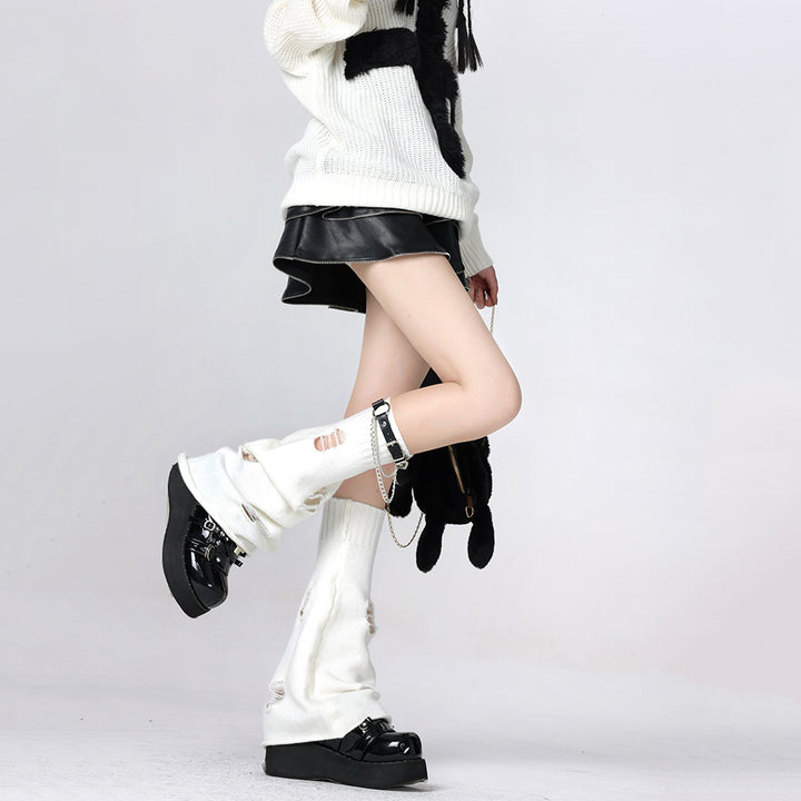 Punk Chain Leather Buckle Knit Leg Warmers