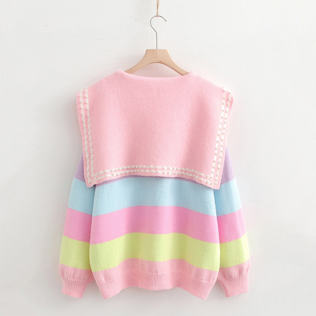 Rainbow Striped Naval Collar Long Sleeve Knit Sweater