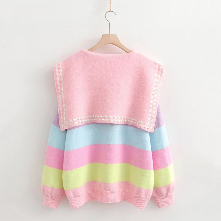 Rainbow Striped Naval Collar Long Sleeve Knit Sweater
