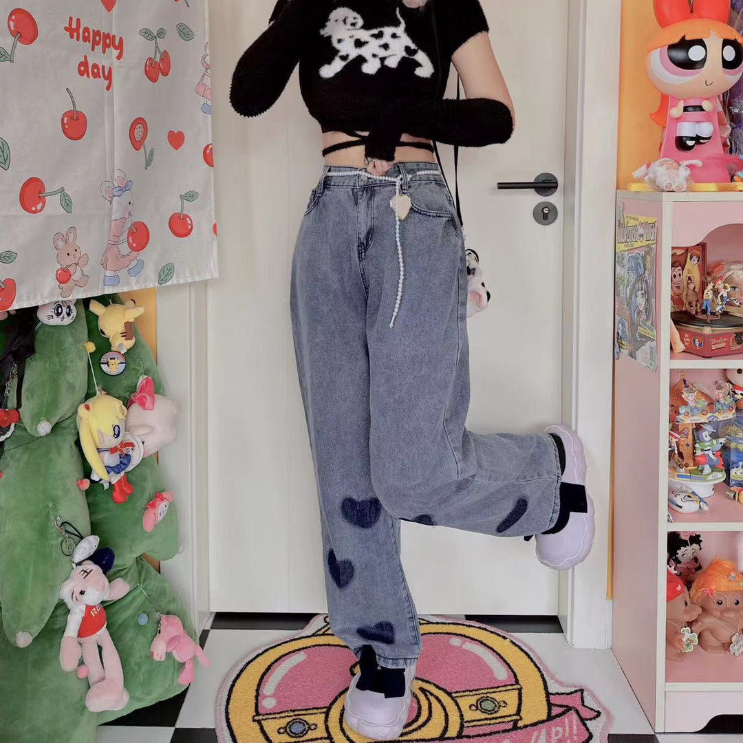 Korean heart-shaped Embroidery  jeans