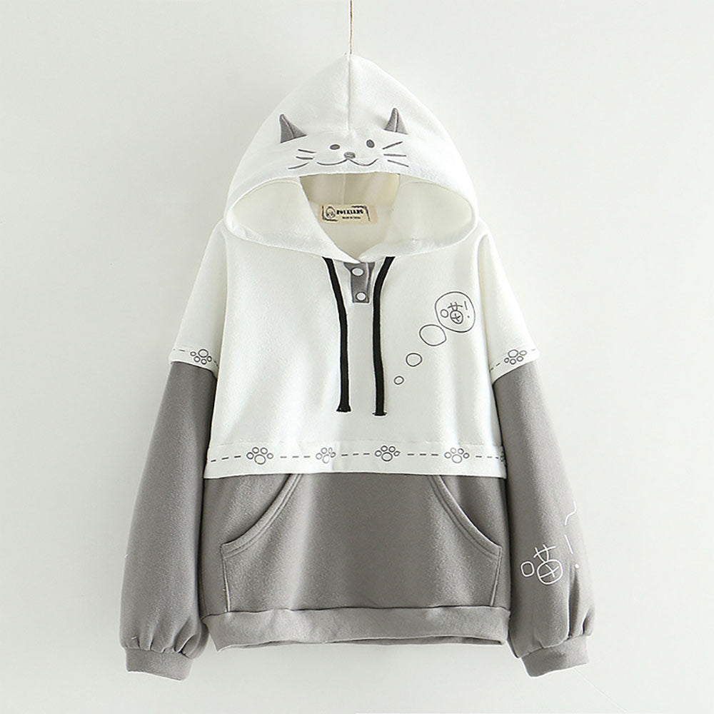 Cartoon Kitty Embroidery Hoodie with Pocket