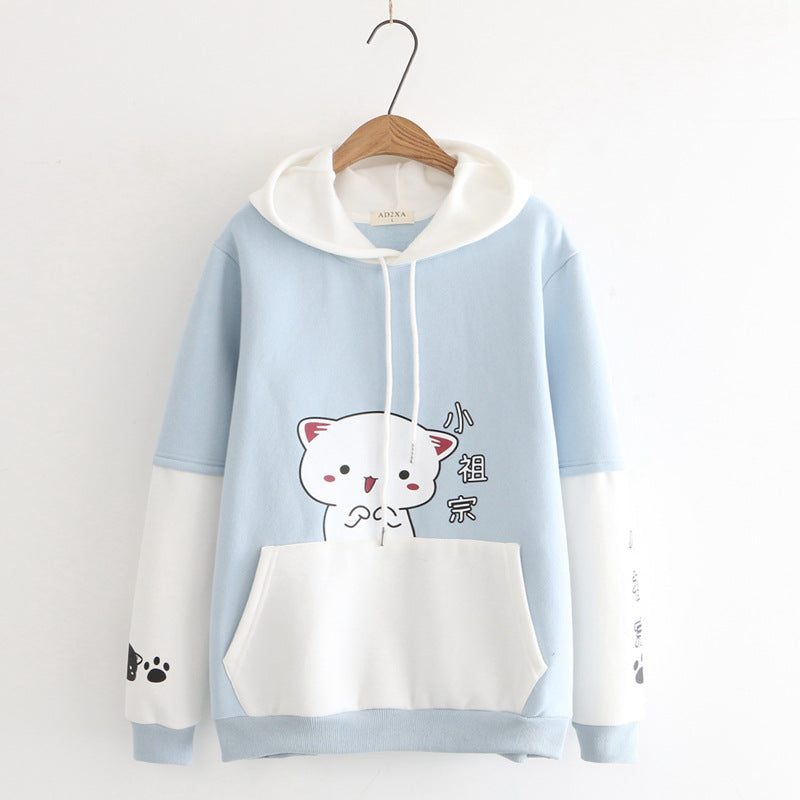 Cartoon Kitty Chinese Print Plush Hoodie with Pocket
