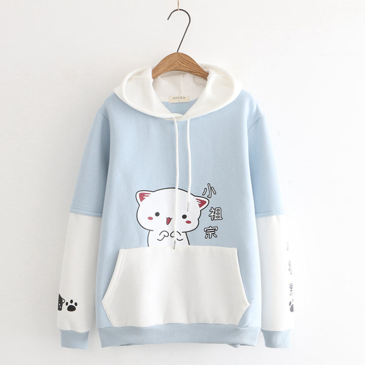 Cartoon Kitty Chinese Print Plush Hoodie with Pocket