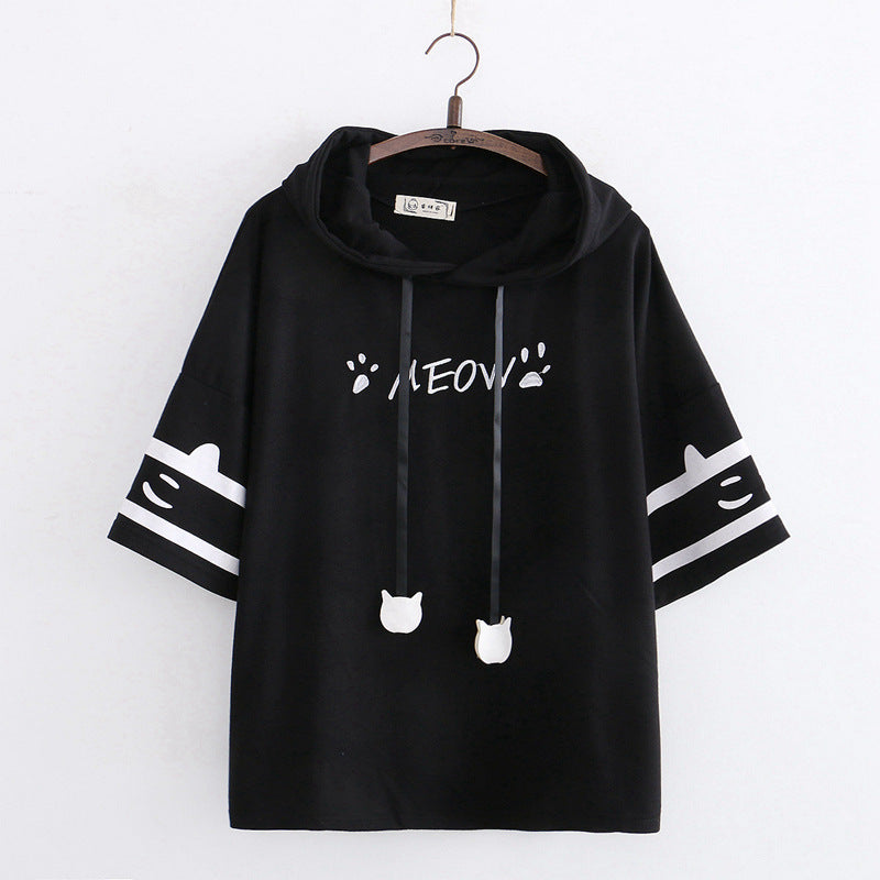 Cat “Meow” Paw Printed Ears Hooded T-shirt