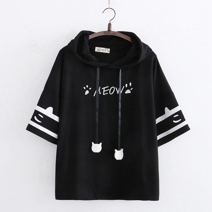 Cat “Meow” Paw Printed Ears Hooded T-shirt
