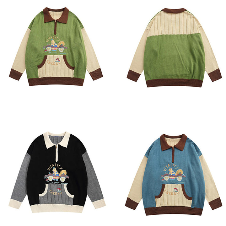 Cartoon Embroidered Pocket Polo-neck Sweater