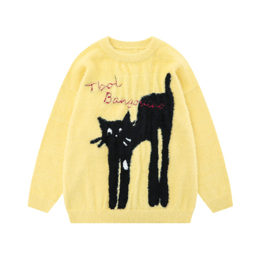 Cat Print Round Neck Yellow Autumn/Winter Sweater