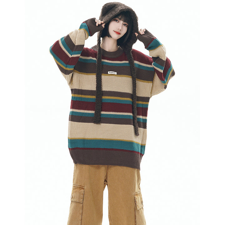 Vintage Striped College Style Loose Round Neck Knit Sweater