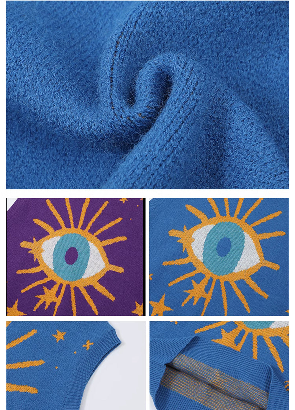 Stylish Eye Design Sleeveless Blue Purple Vest Sweater