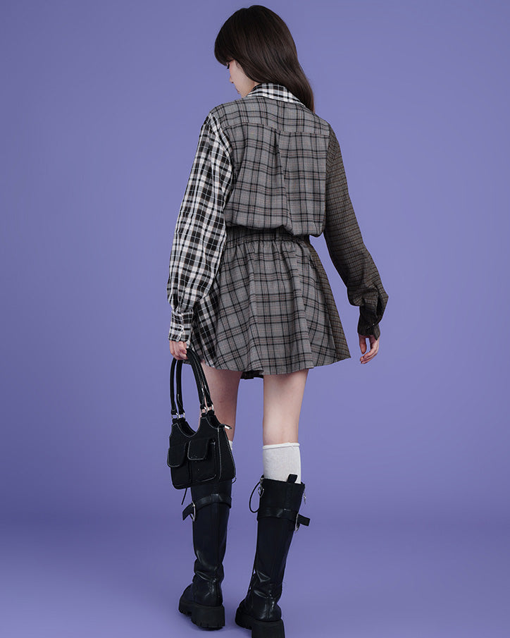 Patchwork Design Loose Casual Shirt Dress with Plaid Pattern