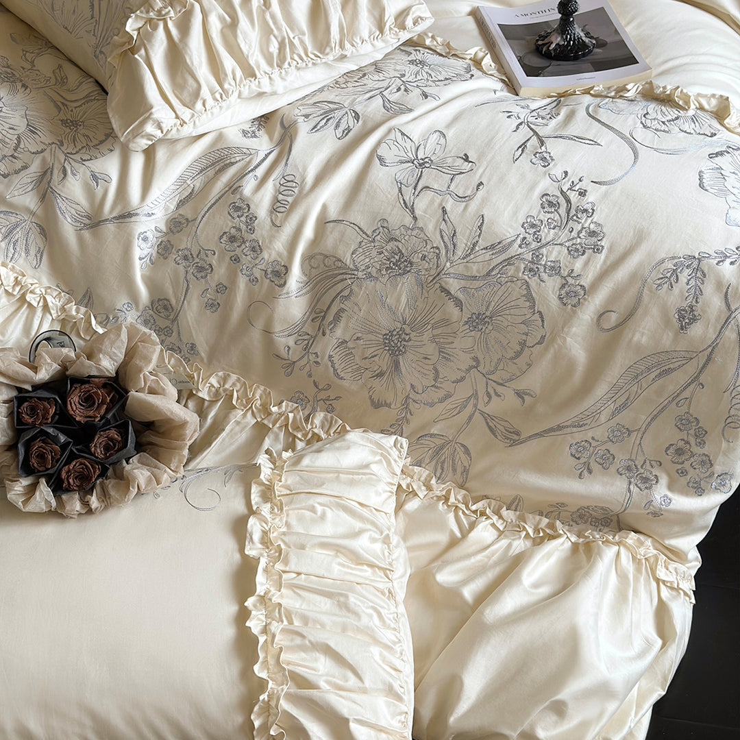 Floral Embroidery Ruffled Lace Cotton Bedding Set